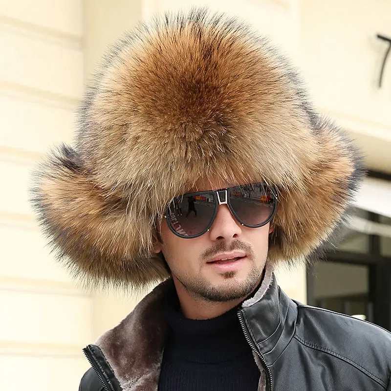 Color: Brown, Hat Size: One Size - Real Fur 100% Fox Skin Russian Businessmen Pilot Bombers Full Mao Men's hat Ushanka Winter Ear Guard Hat Raccoon Fur Beanie hat