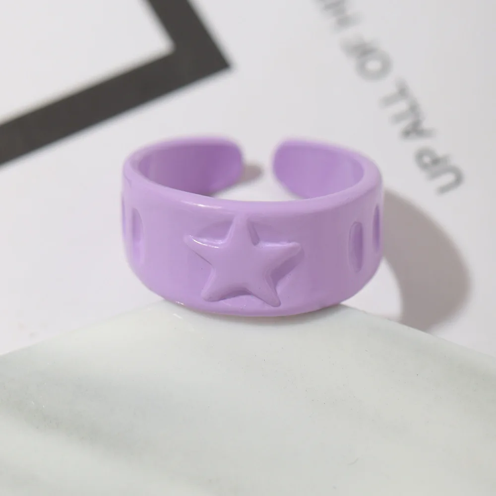 Main Stone Color: Pink - New Creative Design Five-Pointed Star Simple Geometry Color Wide Ring For Woman Simple Personality Trend Temperament Rings
