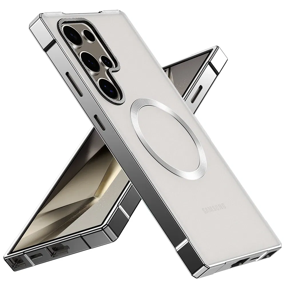 Color: Silver, Compatibility by Model: Galaxy S24 Ultra - Push Pull Matte PC Hard Shockproof Case For Samsung Galaxy S25 S24 Ultra Magnetic Wireless Charging Bumper Back Cover