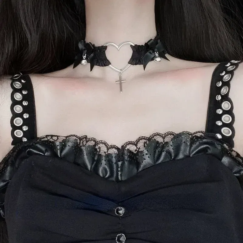 Metal Color: RED-BROWN - Gothic Lace Garter Belt Heart Bowknot Cross Lolita Leg Garters Black White Elastic Choker Strap Cosplay Bondage Lingerie Harness