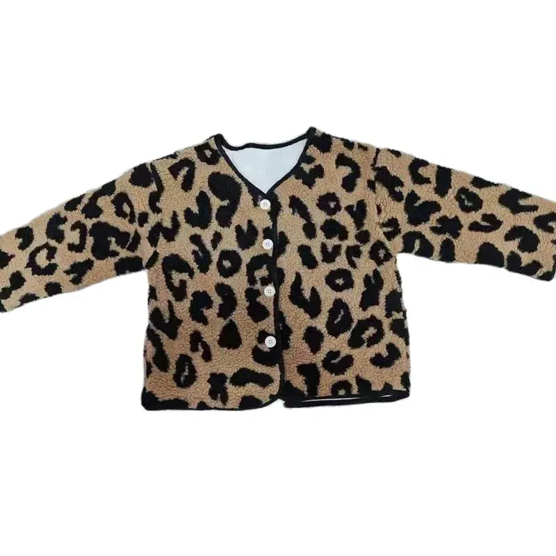 Color: Beige, Kid Size: 5 - Girls jacket leopard print V-neck plus velvet padded jacket cotton-padded jacket 2024 new winter