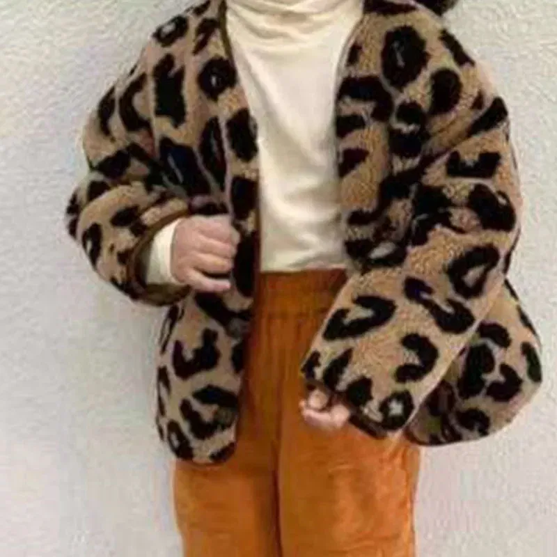 Color: Beige, Kid Size: 5 - Girls jacket leopard print V-neck plus velvet padded jacket cotton-padded jacket 2024 new winter
