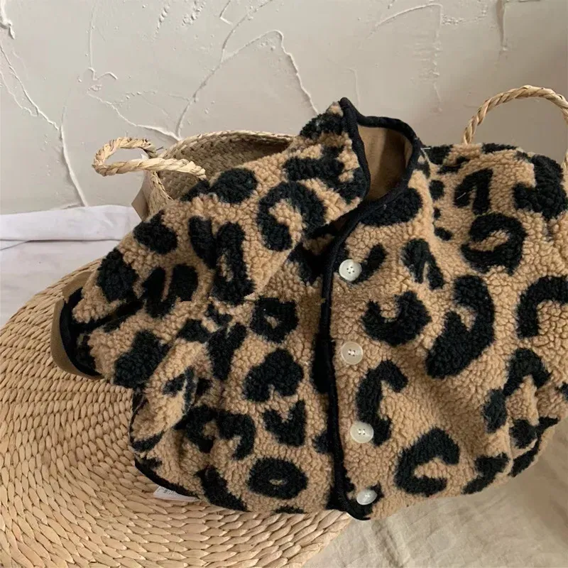 Color: Beige, Kid Size: 5 - Girls jacket leopard print V-neck plus velvet padded jacket cotton-padded jacket 2024 new winter
