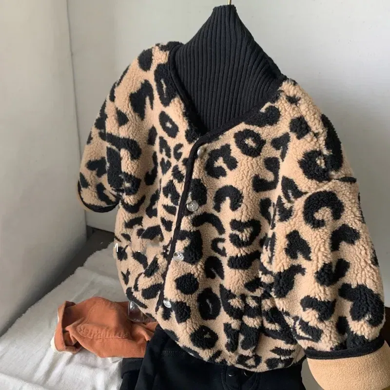 Color: Beige, Kid Size: 5 - Girls jacket leopard print V-neck plus velvet padded jacket cotton-padded jacket 2024 new winter