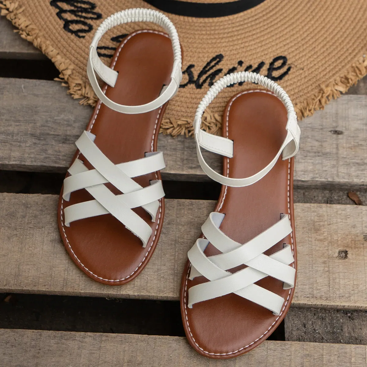 Color: Brown, Shoe Size: 36 - Shoes for Women 2024 Summer New Women Flat Sandals Bottom Roman Strap Sandals with Non Slip Rubber Soles Ladies Daily Sandalia