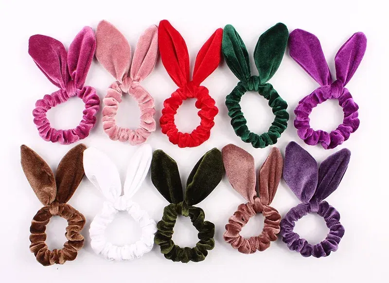 Color: Red - New Velvet Scrunchies Girls/Women velvet Bunny Ear Knot Bow Hair Bands Rabbit Ear Hair tie Ponytail Hair Accessories