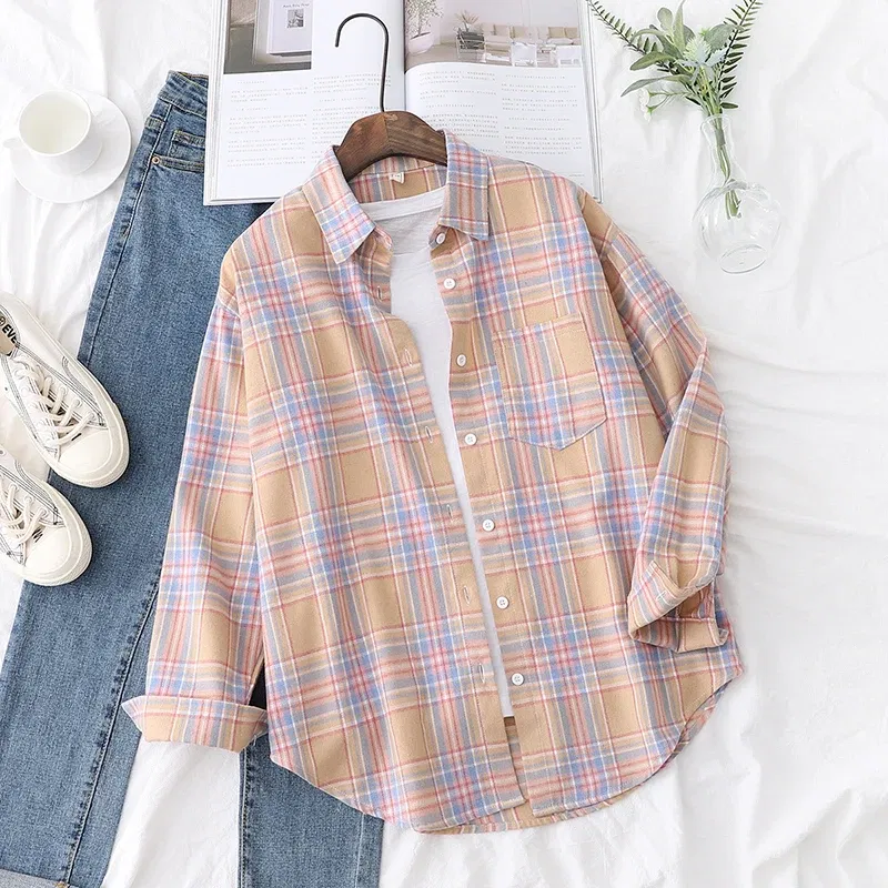Color: ORANGE RED, Size: M - Fresh Flannel Plaid Shirt Women 2025 New Female Blouses and Tops Cotton Loose Long Sleeve Casual Shirts Fine Women's Clothes
