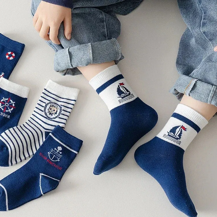 Color: Brown, Size: 10-12T - 1-14T Kids' Socks Spring Autumn Cotton Socks 5 Pairs/lot Soft Cotton Socks Calf Socks Little Big Boys Crew Sock