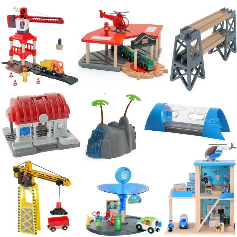 Color: SKY BLUE - Wooden Train Tracks Railway Toys Set Parking lot apron fire station gas station rotary crane Overpass Model for Kids Toys Gifts