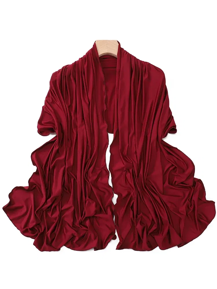 Color: Light Coffee - Luxury Wavy Edge Jersey Hijab for Women Solid Color Milk Silk Scarf Headscarf Autumn Shawl Stretchy Chiffon Scarf Ramanda
