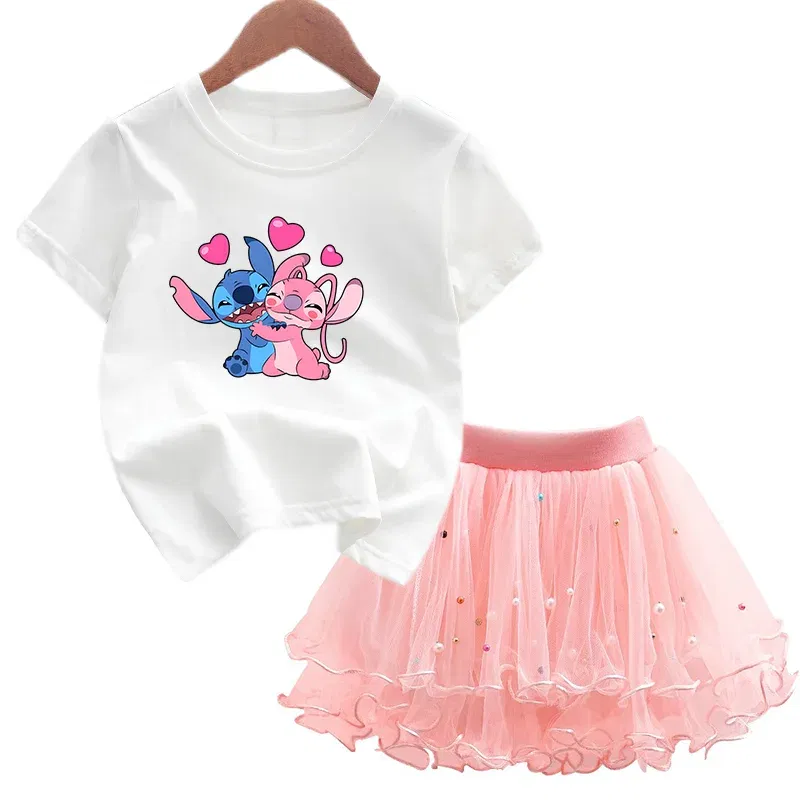 Color: Blue, Kid Size: 5 - 2pcs Lilo Stitch Summer Girls Outfits Cartoon T-shirt and Tutu Skirt Princess Clothes Suit Children Birthday Clothing Sets