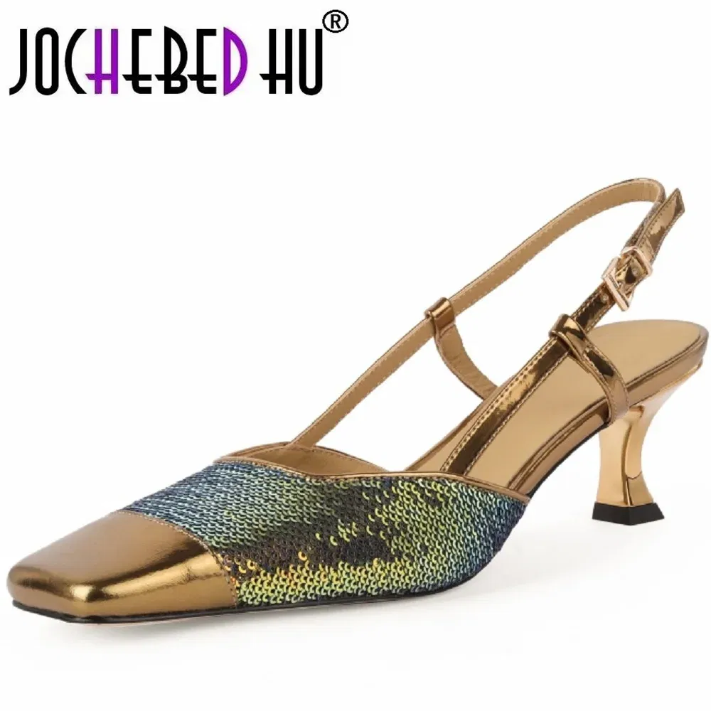 Color: black, Shoe Size: 37 - 【JOCHEBED HU?‘Sexy Genuine Leather Square Toe Women Sandals Thin High Heels Slingback Pumps Fashion Office Party Shoes 33-40