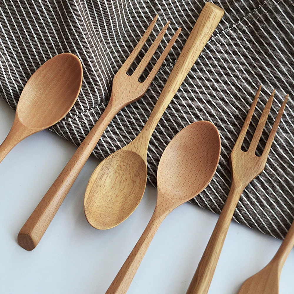 Color: black - Creative Design Thick Handle Wood Spoon Fork Portable Tableware Wooden Cutlery Sets Travel Dinnerware Environmental Kitchen Tool