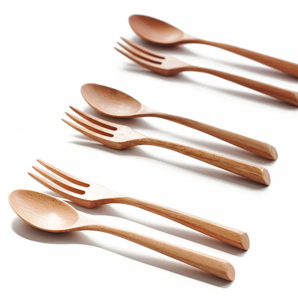 Color: black - Creative Design Thick Handle Wood Spoon Fork Portable Tableware Wooden Cutlery Sets Travel Dinnerware Environmental Kitchen Tool