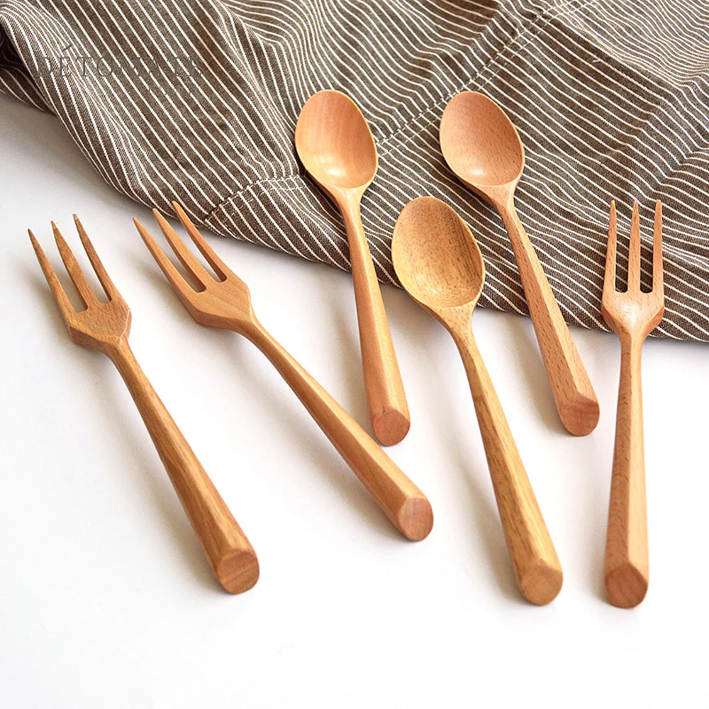 Color: black - Creative Design Thick Handle Wood Spoon Fork Portable Tableware Wooden Cutlery Sets Travel Dinnerware Environmental Kitchen Tool