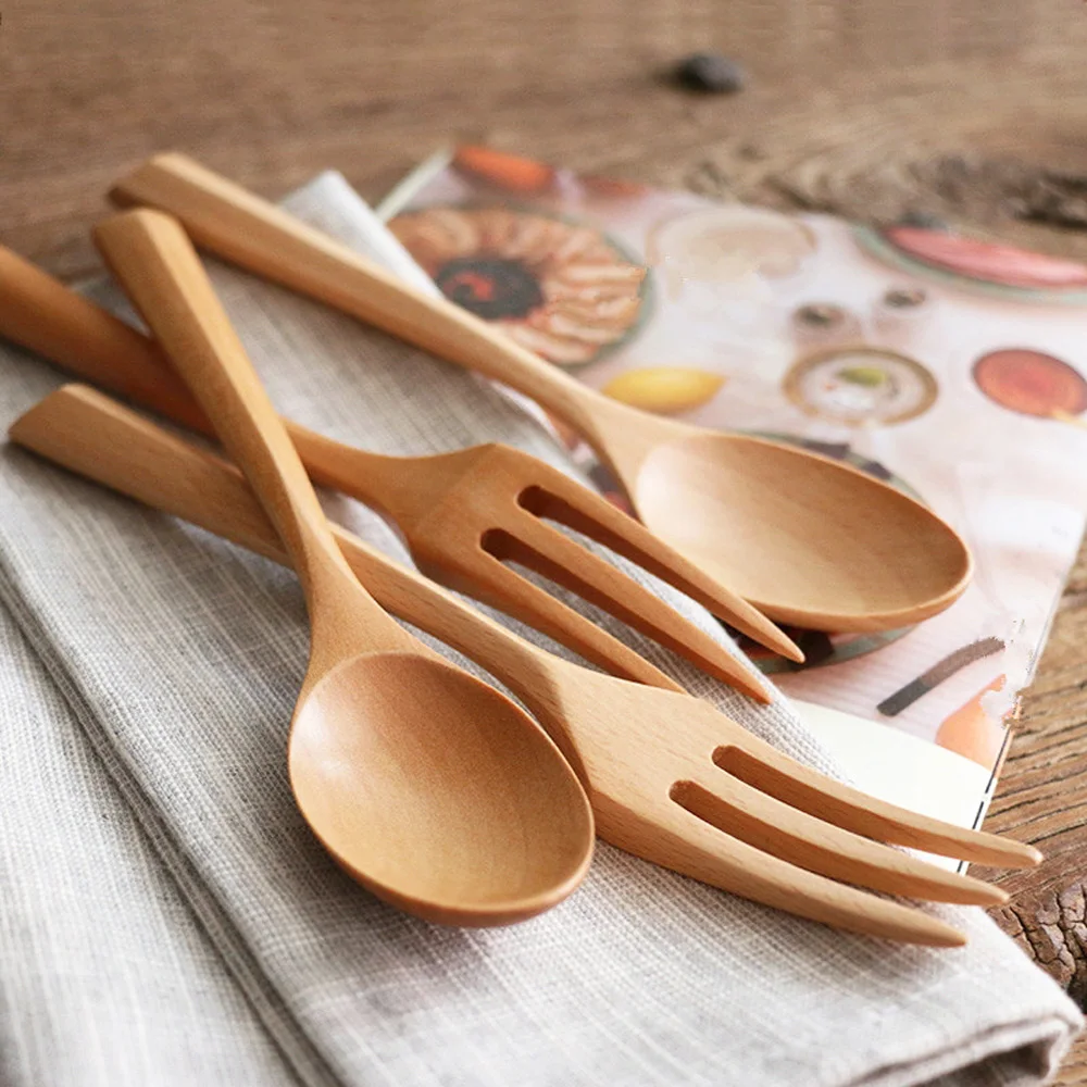 Color: black - Creative Design Thick Handle Wood Spoon Fork Portable Tableware Wooden Cutlery Sets Travel Dinnerware Environmental Kitchen Tool