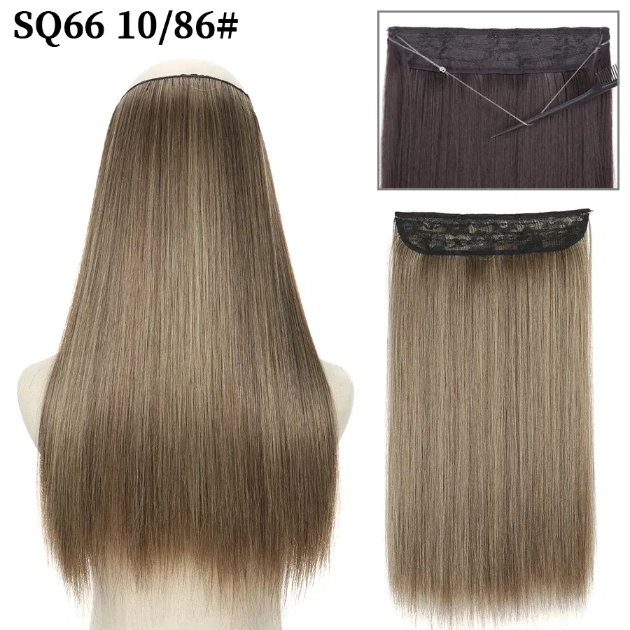 Color: #2, Stretched Length: 16inches, Ships From: CHINA - Synthetic Natural Wavy No Clip Fish Line Invisible Hair Extensions Mixed Color Blonde Black Artificial False Hair Piece ForWomen