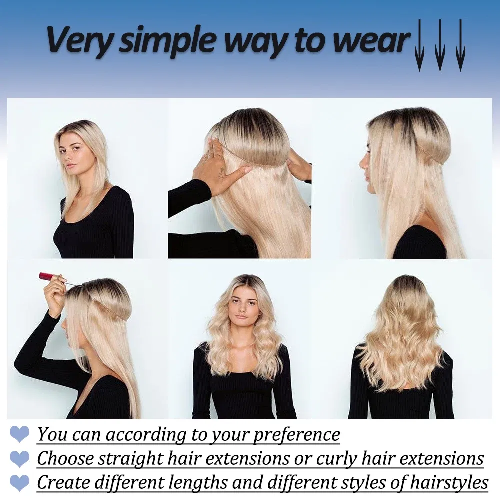 Color: #2, Stretched Length: 16inches, Ships From: CHINA - Synthetic Natural Wavy No Clip Fish Line Invisible Hair Extensions Mixed Color Blonde Black Artificial False Hair Piece ForWomen