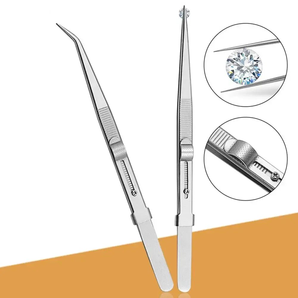 Color: Rose Gold - Jewelry Stainless Steel Tweezers Professional Adjustable Slide lock Antistatic Tweezers For Diy Diamond Gem Repair Tools