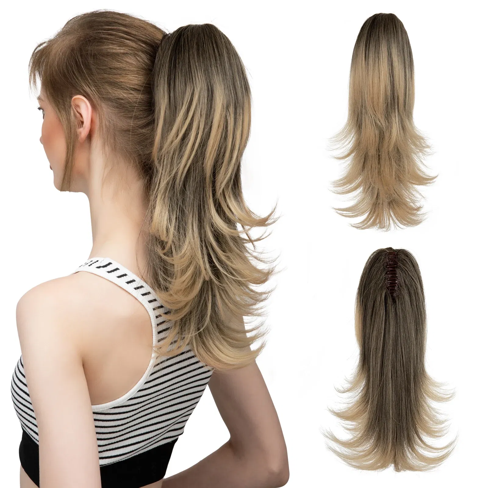 Color: 4/27HL, Stretched Length: 14inches - Synthetic Claw Clip In Ponytail Hair Extensions 14 Inch Wavy Hairpiece Fake Blonde Black Hair False Pigtail With Elastic Band