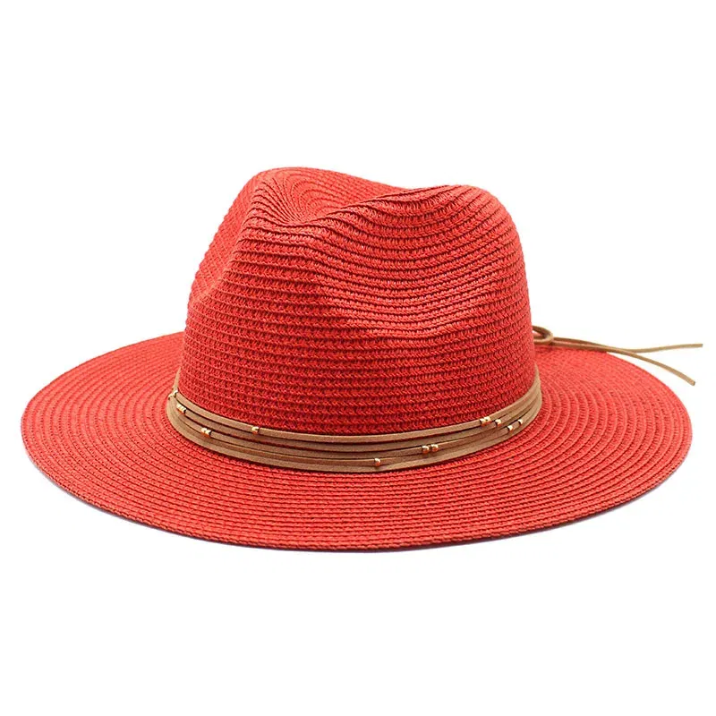 Color: Red, Size: L - Big Size 60CM New Straw Hat 7cm Brim Summer Cooling Beach Sun Hat Outdoor Party Panama Jazz Hat Sombreros De Mujer