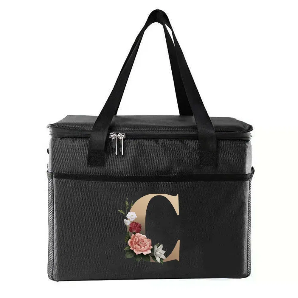 Color: SKY BLUE - Thermal Bag Portable Lunch Bags Insulated Cooler Bag Food Bento Bags Printing Gold Letter Series Travel Picnic Storage Ice Bags
