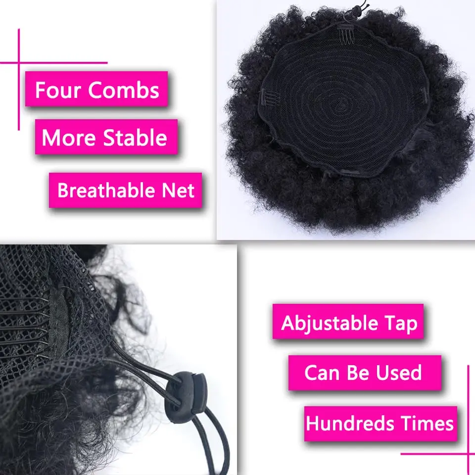 Color: #2, Bulk Buy: 1pc, Stretched Length: 10inches - Synthetic 10Inch Big Afro Puff Drawstring Ponytail Extensions for Black Women 4b 4c Kinky Curly Hair Bun Ponytail Wigs Daily Use