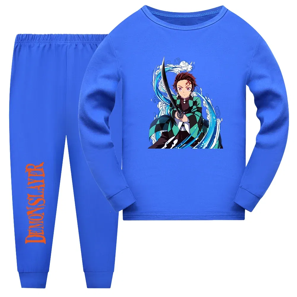Color: Blue, Kid Size: 12 - Demon Slayer Sleepwear Kamado Tanjirou Kamado Nezuko Agatsuma Zenitsu Children's Homewear Suit Long-sleeve Two-piece Pajamas Set
