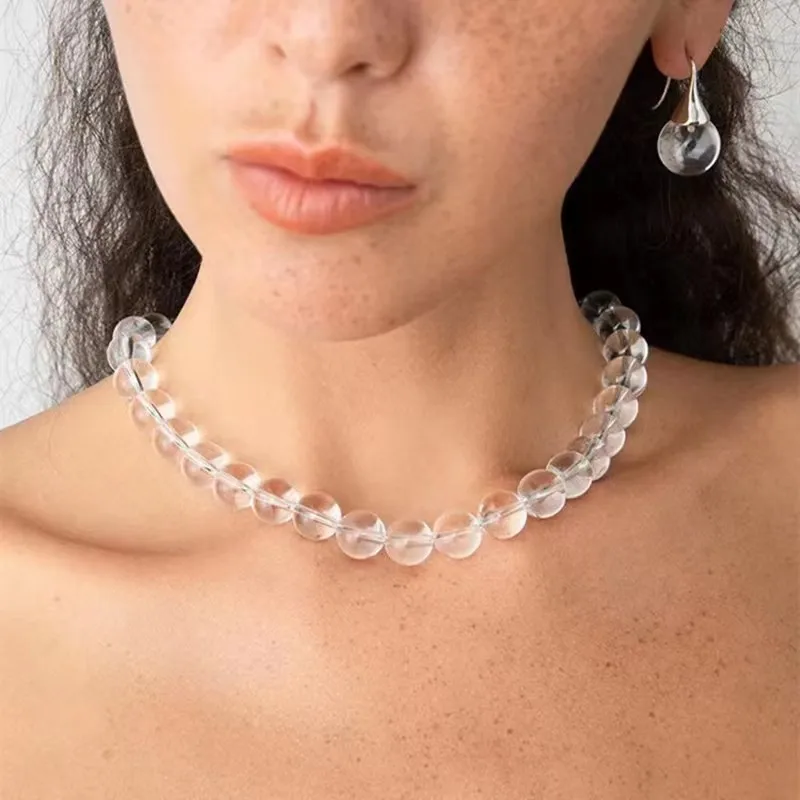 Metal Color: Rust Red - HUANZHI Transparent Natural Crystal Stone Beads Necklace for Women Magnetic Buckle Chain Collarbone Choker Fashion Jewelry Hot