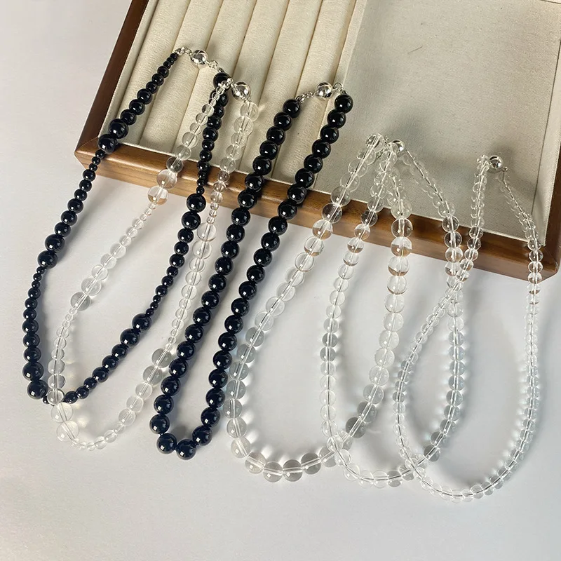 Metal Color: Rust Red - HUANZHI Transparent Natural Crystal Stone Beads Necklace for Women Magnetic Buckle Chain Collarbone Choker Fashion Jewelry Hot