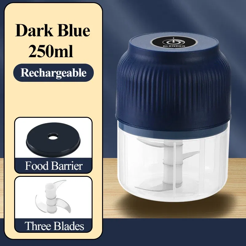 Color: Blue - 250ML Mini Wireless USB Rechargeable Electric Vegetable Chopper Garlic Crusher Food Chopper for Kitchen Gadgets for Garlic
