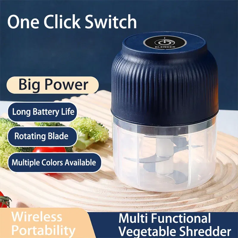 Color: Blue - 250ML Mini Wireless USB Rechargeable Electric Vegetable Chopper Garlic Crusher Food Chopper for Kitchen Gadgets for Garlic