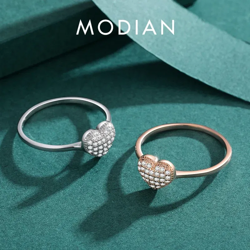 Gem Color: silver, Ring Size: 8 - MODIAN 925 Sterling Silver Delicate Romantic Love Heart Finger Ring Zirconia For Women Fine Jewelry Valentine Day Gift