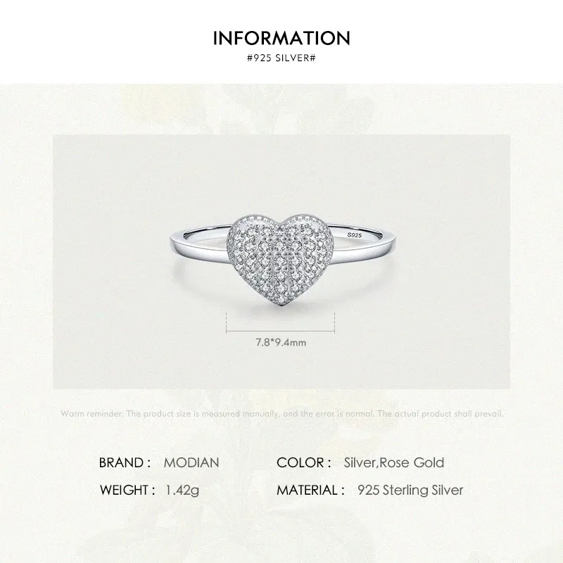 Gem Color: silver, Ring Size: 8 - MODIAN 925 Sterling Silver Delicate Romantic Love Heart Finger Ring Zirconia For Women Fine Jewelry Valentine Day Gift