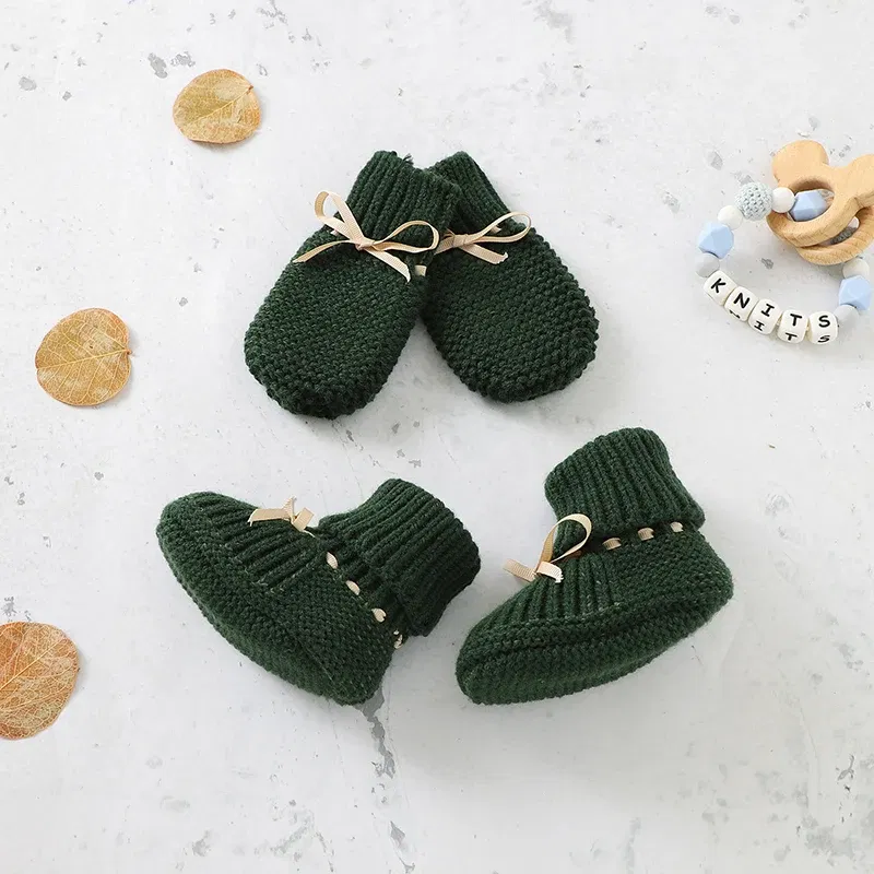Color: Gold, Baby Age: 0-6 Months - Baby Shoes + Gloves Set Knit Newborn Girls Boys Boots Mitten Fashion Butterfly-knot Toddler Infant Slip-On Bed Shoes Hand Made