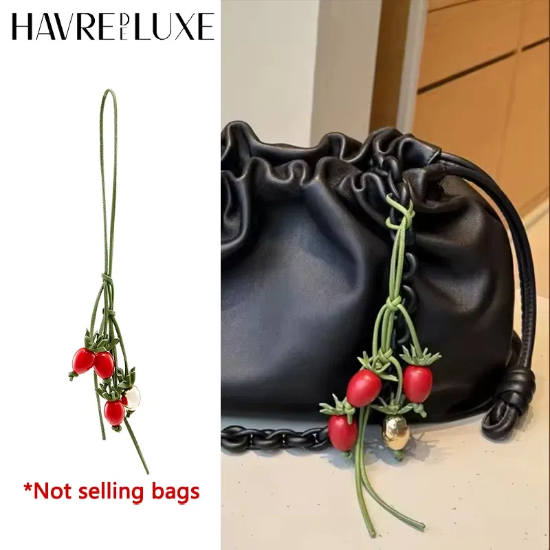 Color: Beige - Cowhide bag charm exquisite tomato string pendant woman all-match cute backpack pendant bag accessories