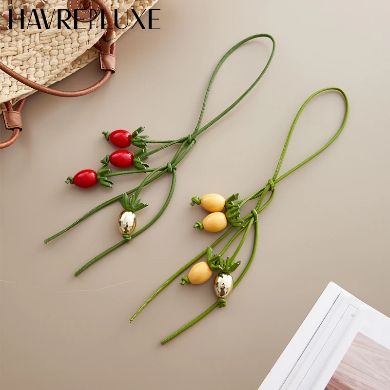 Color: Beige - Cowhide bag charm exquisite tomato string pendant woman all-match cute backpack pendant bag accessories