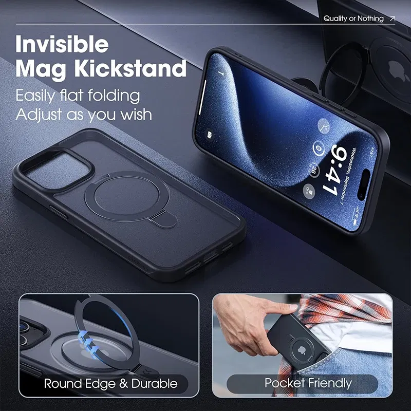 Color: Beige, Material: ABS - Magnetic Phone Case with Ring Stand for Wireless Charging iPhone 15 Pro Max 14 Plus 13 12 11 Translucent Cases Matte Slim Cov