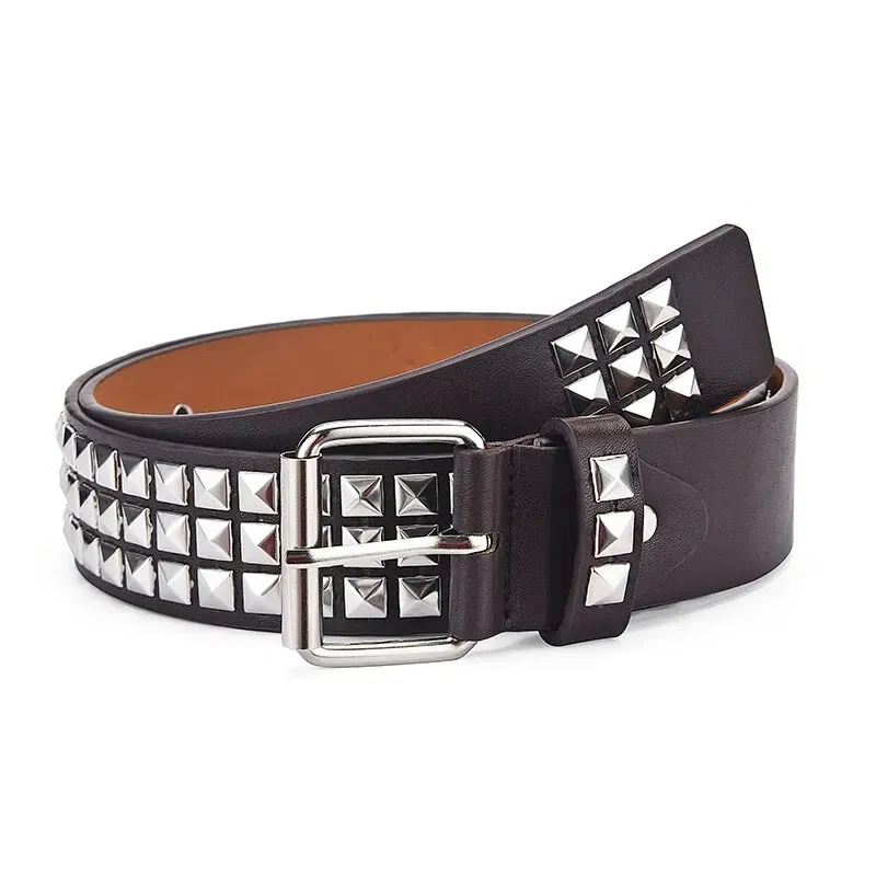 Color: Coffee, Belt Length: 110cm - Fashion New Square Bead Rivet Belt Metal Pyramid Belt Men and Women Punk Hardware Jeans Belt Y2K Belt Designer Belt Women's Belt