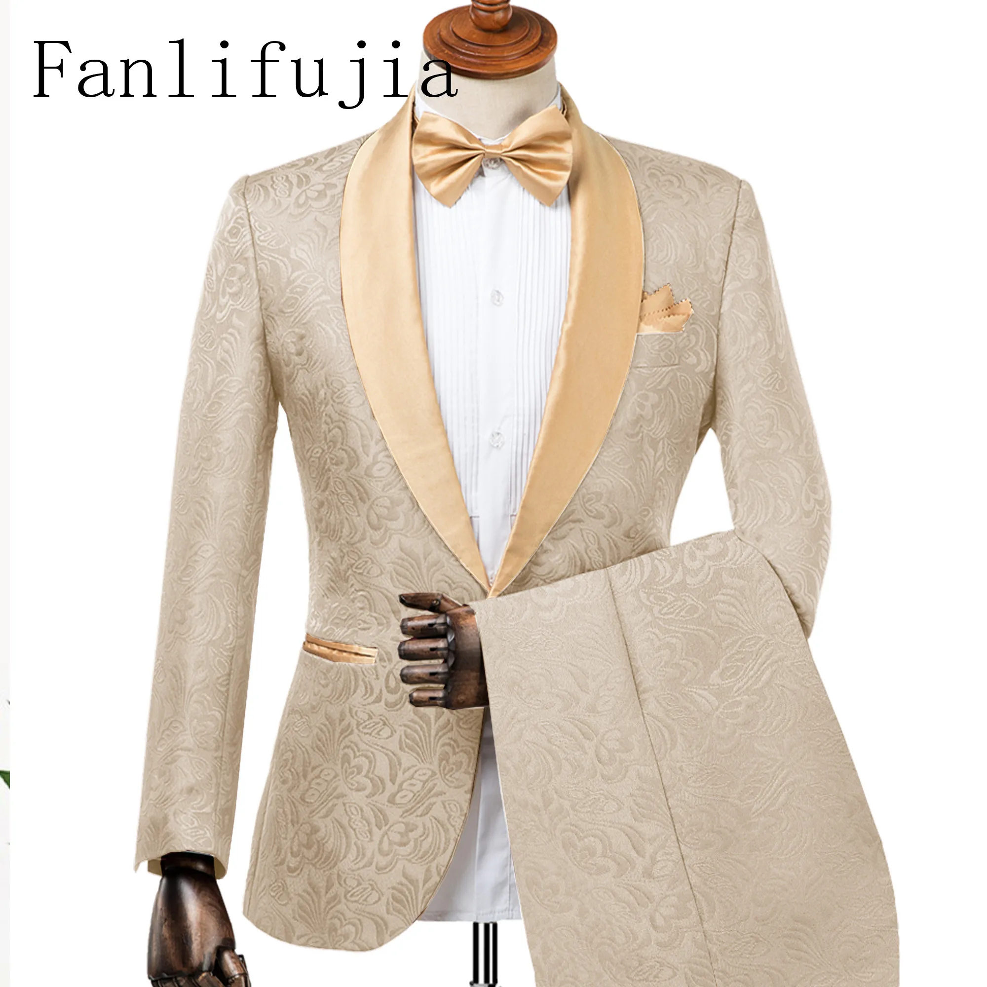 Color: Champagne, Size: M - Fanlifujia Mens Wedding Suits 2023 Italian Design Custom Made Champagne Smoking Tuxedo Jacket 2 Piece Groom Terno Suits For Men