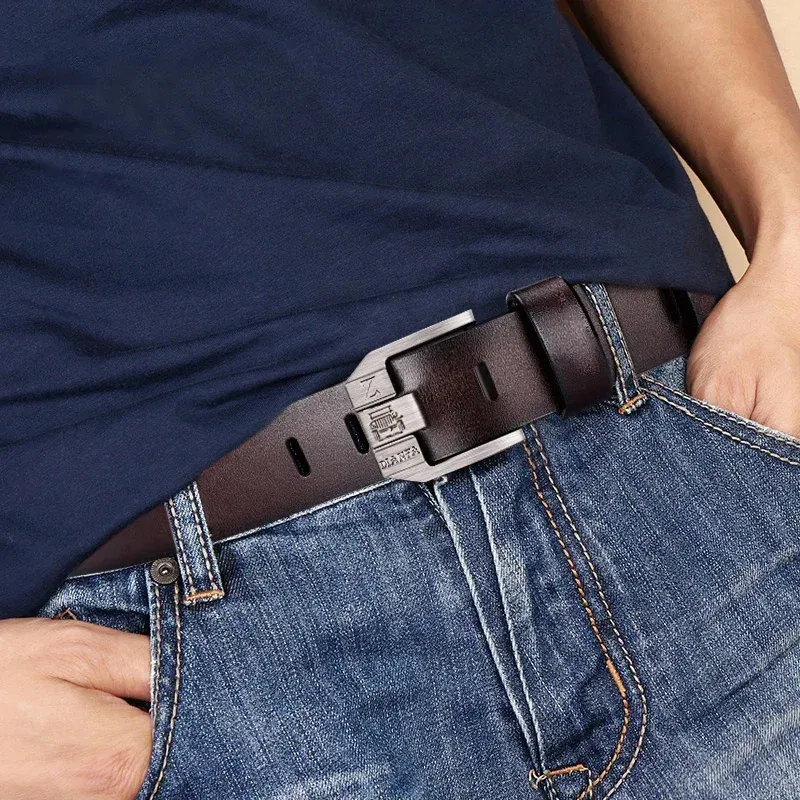 Color: black, Belt Length: 110cm - 130CM Leather Cowhide Men's Belt Fashion Metal Alloy Pin Buckle Adult Luxury Brand Jeans Business Casual Waist Male Strap Brand