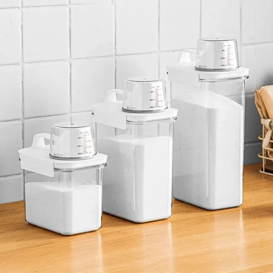 Color: WHITE - Portable Washing Powder Dispenser with Measuring Cup - Airtight Laundry Liquid Storage Jar for Convenient and Efficient Laundry