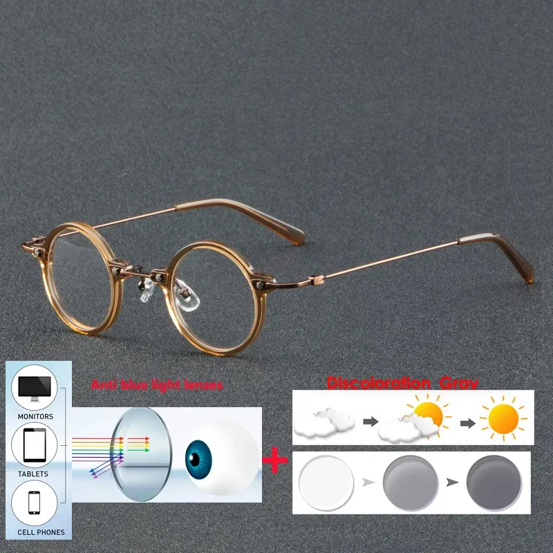 Frame Color: Khaki, Eye Prescription: +325 - VCKA Anti-blue Discolor Acetate+Titanium Myopia Glasses Frames Small Round Men Prescription Optical Women Eyewear -0.50 to -10.0