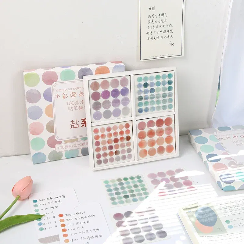 Color: light green - 20 Sheets Watercolor Polka Dot Sticker Bullet Journaling Accessories Scrapbooking DIY Color Label Washi  Stationery Gift