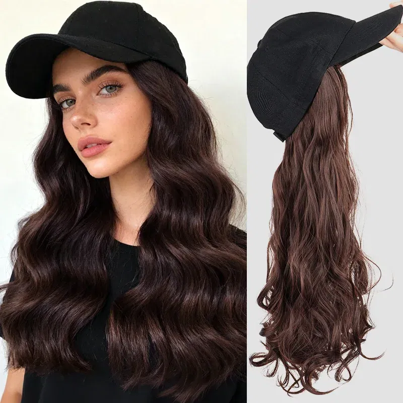 Color: #33 - 20Inch Synthetic Long Curly Hat Wig Baseball Cap Black Brown Hairpiece Adjustable Hat Wigs for Women