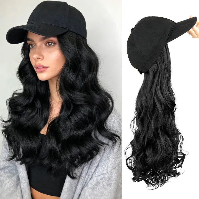 Color: #33 - 20Inch Synthetic Long Curly Hat Wig Baseball Cap Black Brown Hairpiece Adjustable Hat Wigs for Women