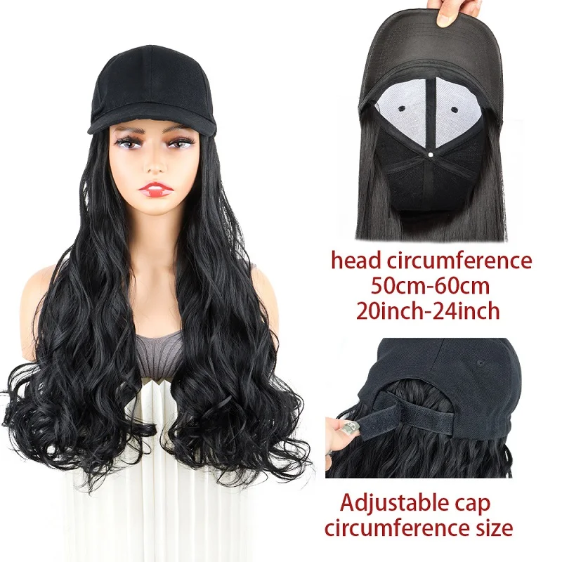 Color: #33 - 20Inch Synthetic Long Curly Hat Wig Baseball Cap Black Brown Hairpiece Adjustable Hat Wigs for Women
