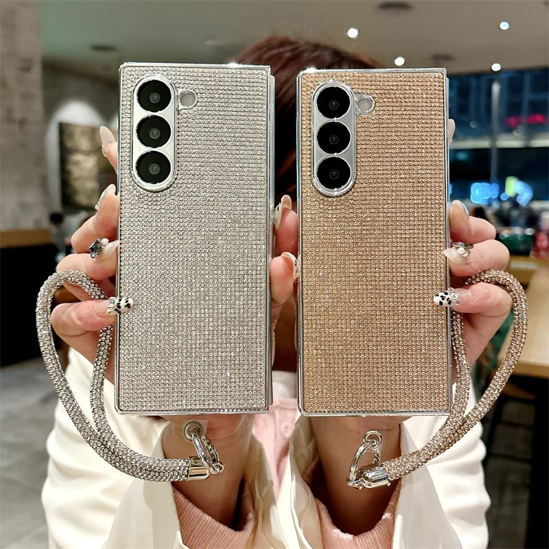 Color: Beige, Material: Denim - Luxury Flash Diamond Sparkling phone case for Samsung Galaxy Z Fold 6 5 zfold 4 Electroplated bracelet shockproof cover