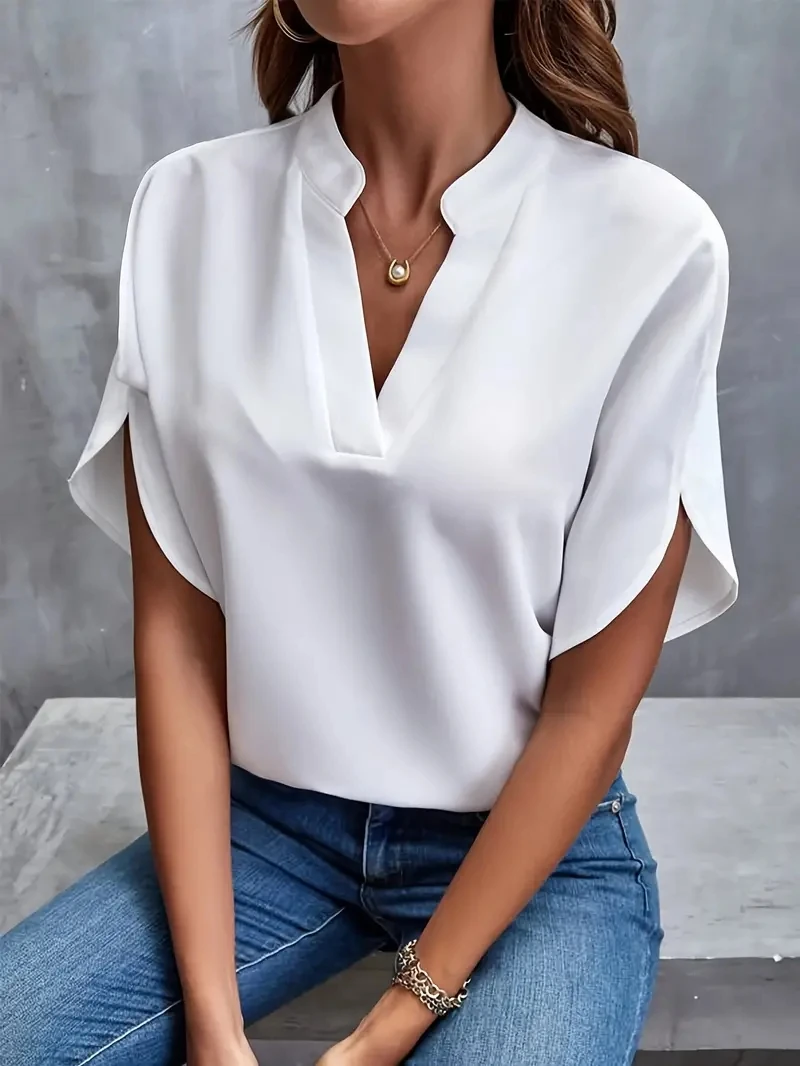 Color: WHITE, Size: L - Women Elegant Solid Chiffon Blouse Spring Summer Casual Long Sleeve V Neck Loose Shirt Office Lady Tunics Oversized Tops 2024