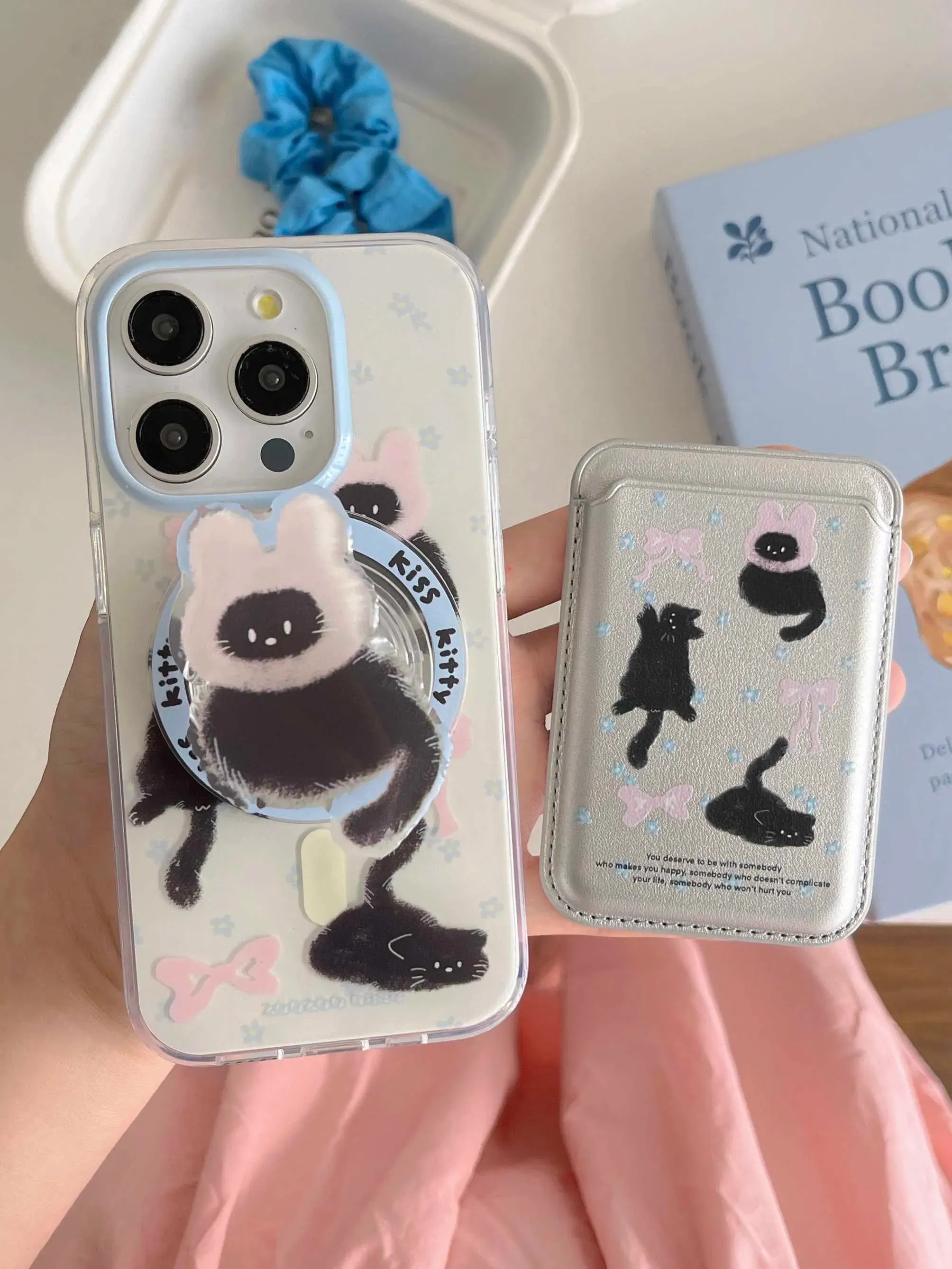 Color: black, Material: PP - Cute Black Cat, Pink Bow, Blue Flower Magnetic Card Holder Phone Case for IPhone 13 14 15 Pro Max 13Pro 16ProMax 14Pro 15Pro 12
